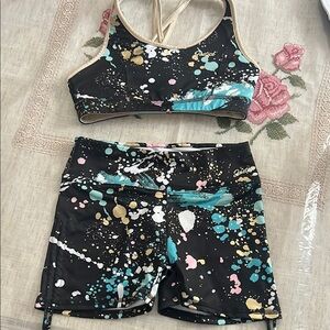 Justice Black and Multicolor Kids gymnastics Matching Set. Top Reversible!